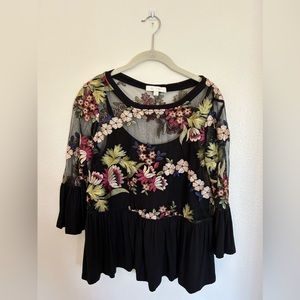 Anthropologie Eri + Ali Black Floral Embroidered Peplum Bell Sleeve Mesh Shirt